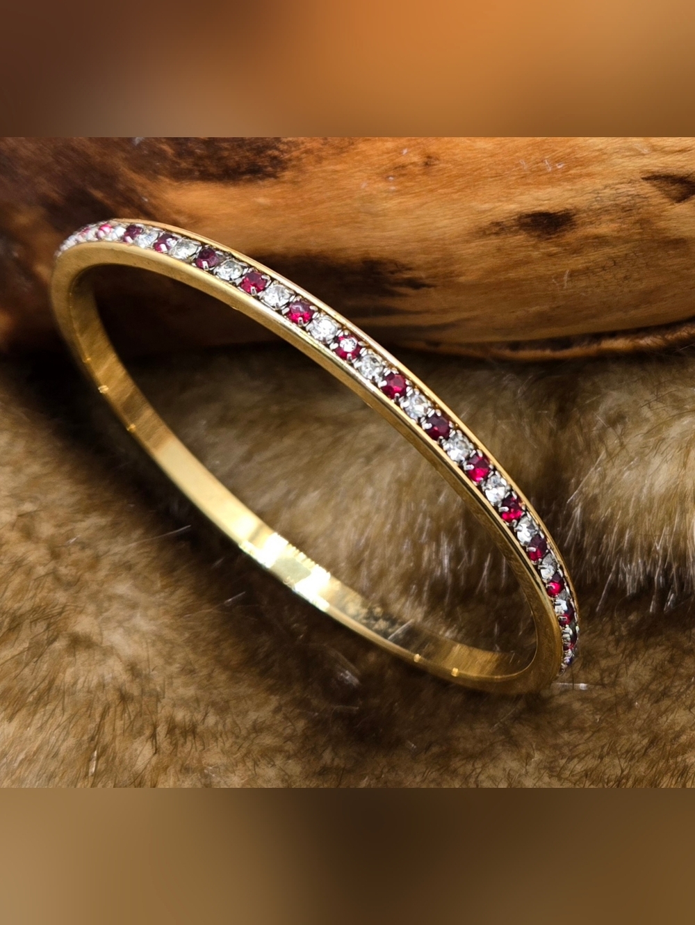 Bangle Bracelet Gold Tone Clear & Red Prong Set Glass Crystals Sz 7½"